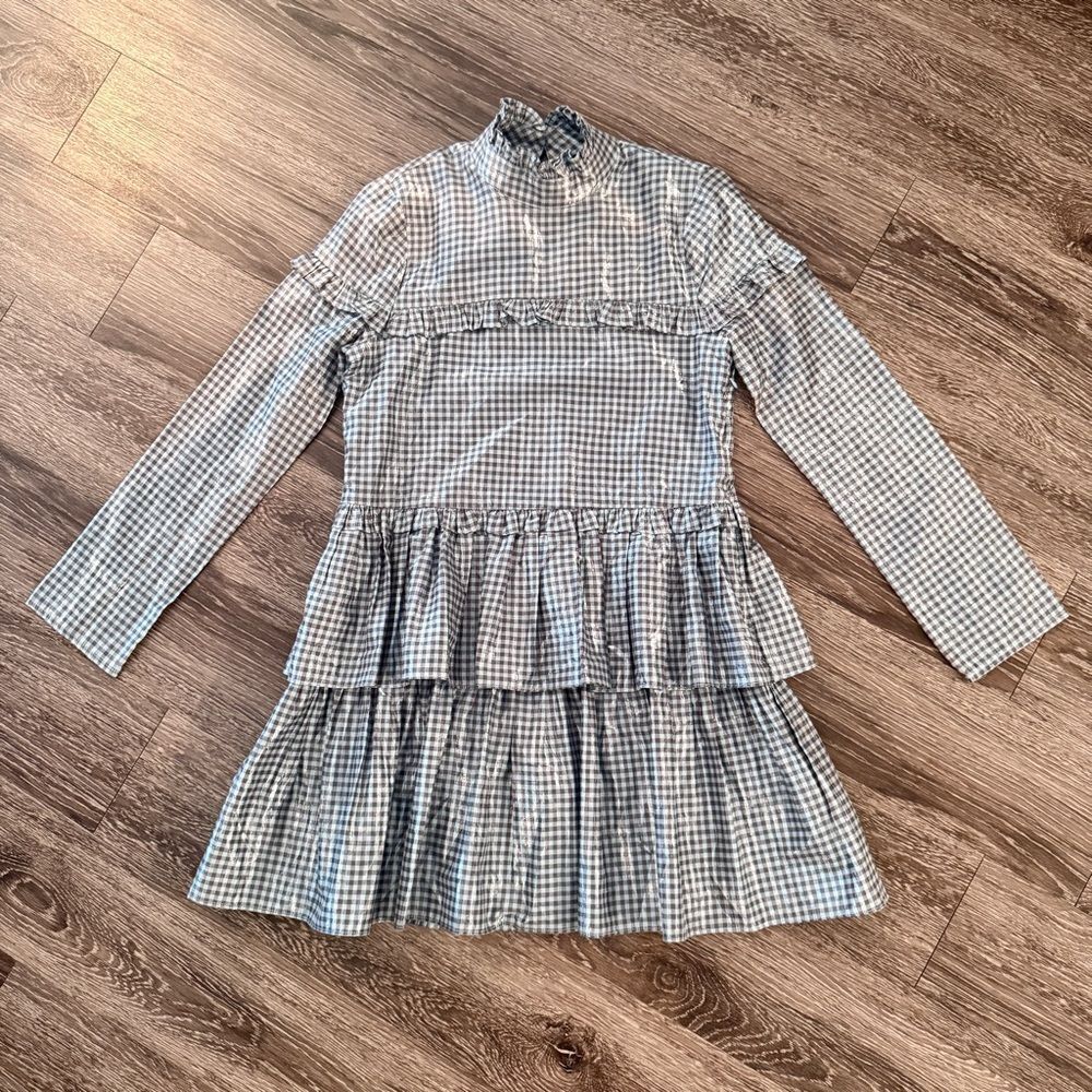 Lost Ink Metallic Blue Gingham Long Sleeve Dress New